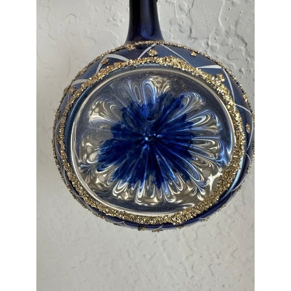 LOVELY DELICATE Vtg. COLOMBIA GLASS ORNAMENT w/ Indent BLUE GOLD Hand Painted!